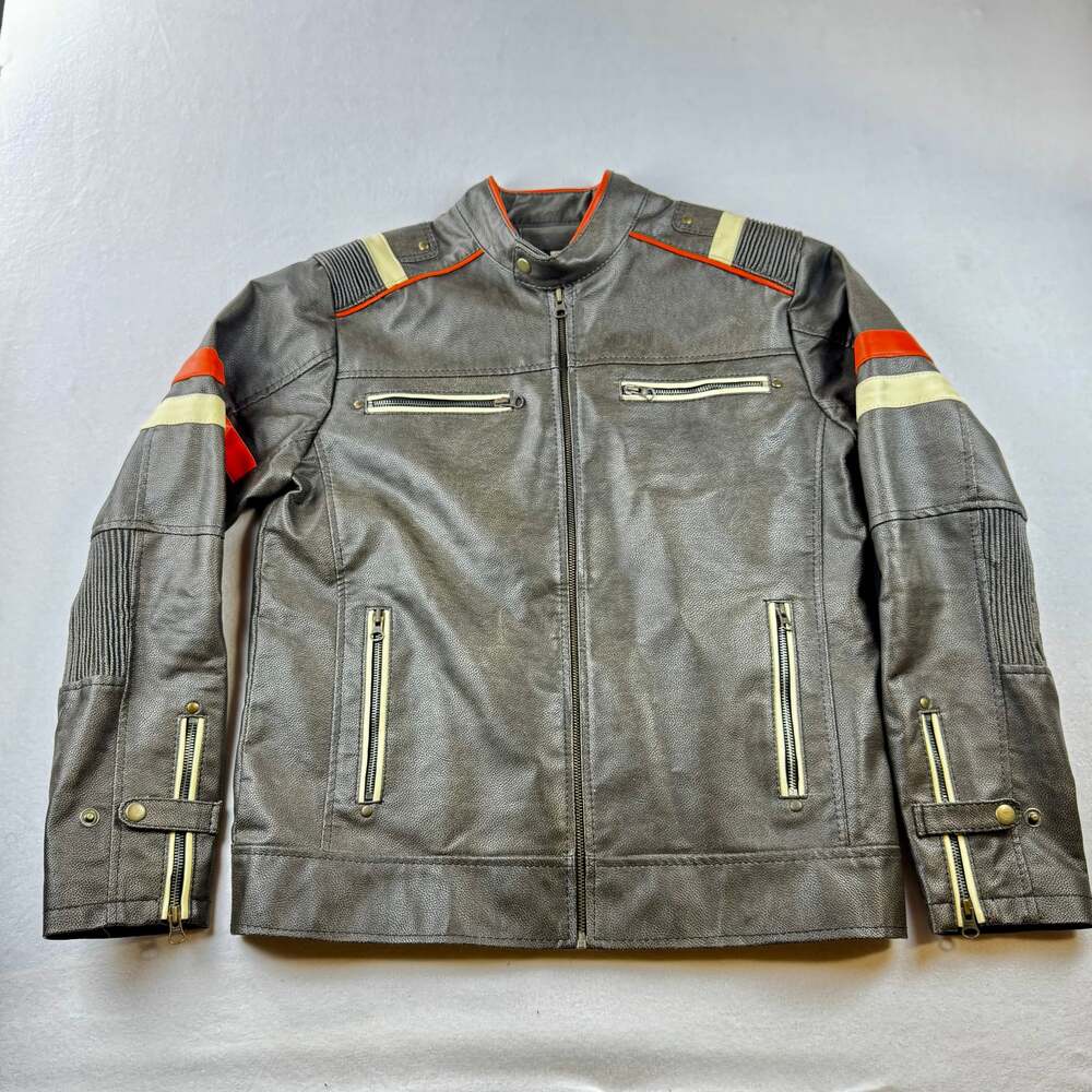 Sourock NWOT Distressed Leather Jacket with Orange White Racing Stripes S